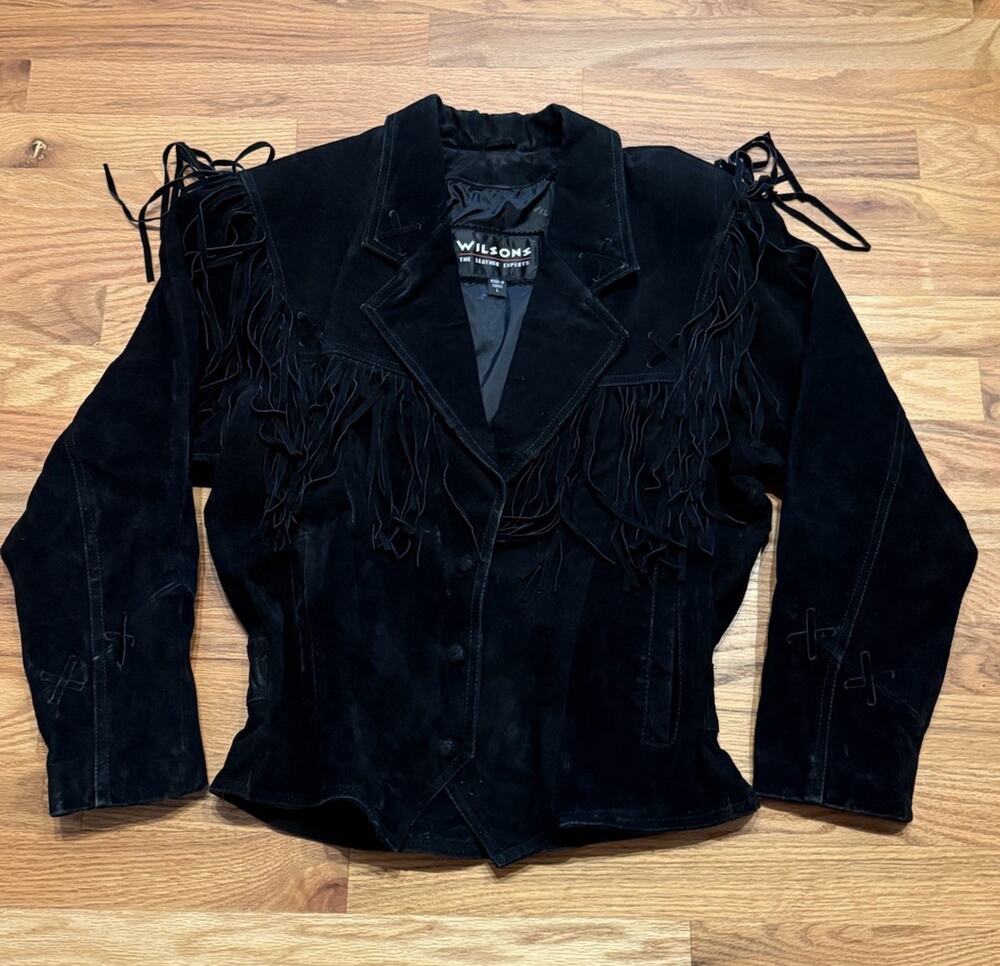Vintage Wilsons Leather Jacket Womens Large Black Suede Fringe Western Cowboy